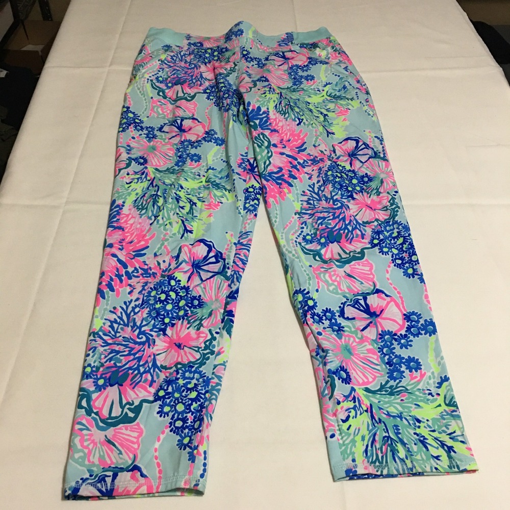 Lilly Pulitzer Luxletic Pants Womens Medium Blue Floral Mid Rise Activewear